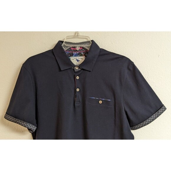 Men's TED BAKER The World is Your Oyster Navy Blue One Pocket Polo SS Shirt 4/LG - Picture 2 of 7